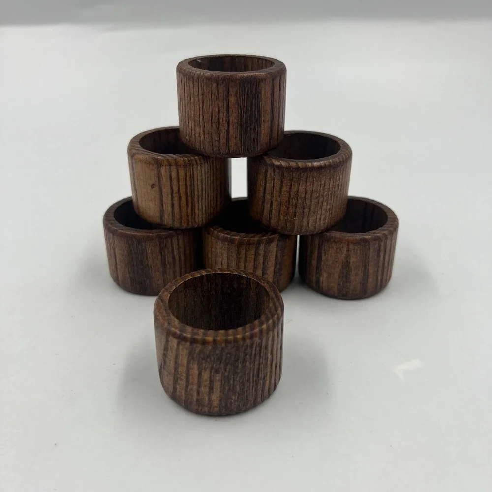 Vintage Turned Wood Napkin Rings Set of 10 Dark Rustic Brown Farmhouse Boho MCM